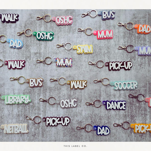 School Pick-up Reminder Acrylic Bag Tags | Double Layer Acrylic Keyring/Bag Tag | Kids Bag Tag | Acrylic Bag Tag |