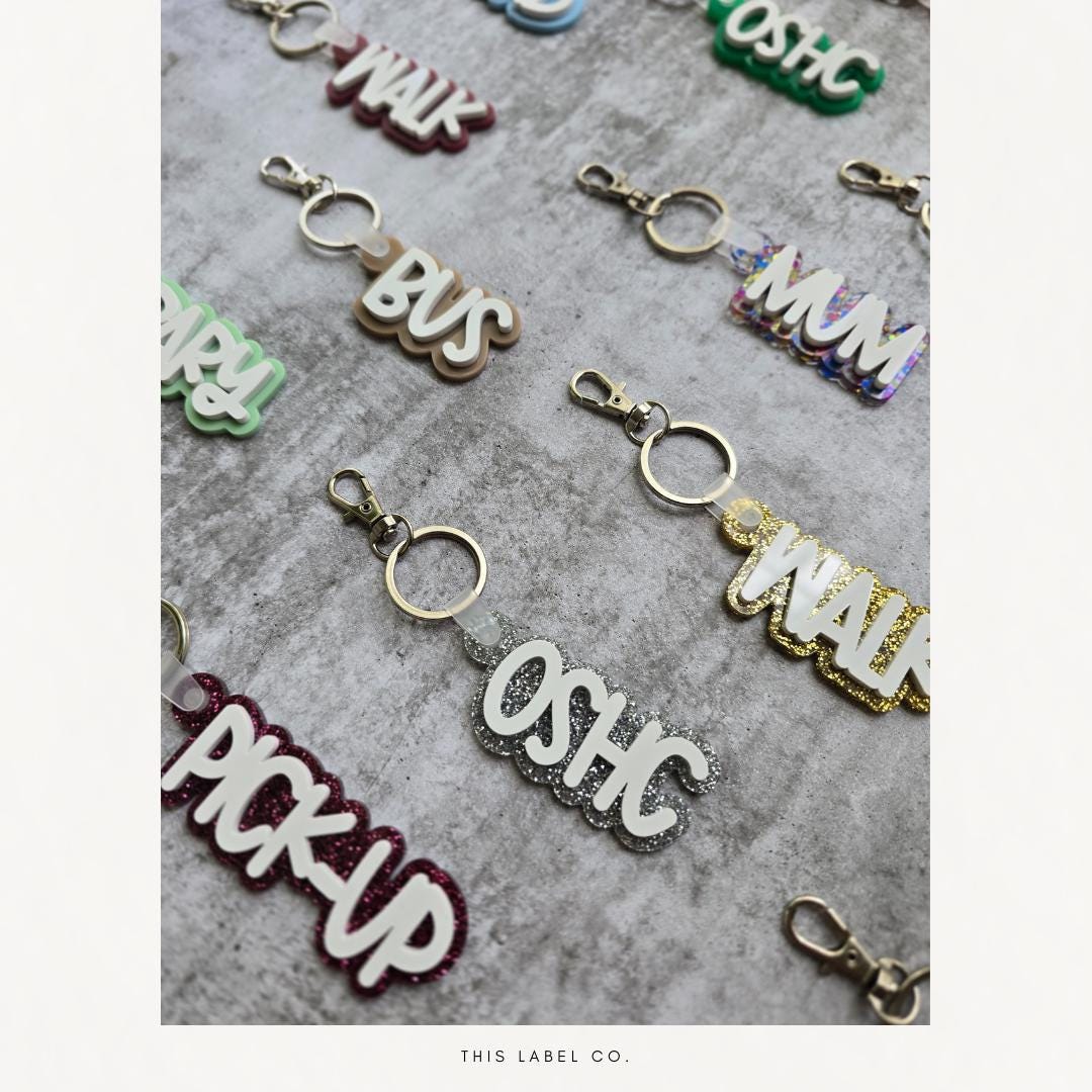 School Pick-up Reminder Acrylic Bag Tags | Double Layer Acrylic Keyring/Bag Tag | Kids Bag Tag | Acrylic Bag Tag |