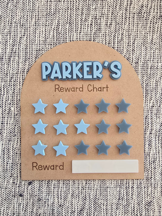 Children's reward chart with stars for 'Parker' on a textured background