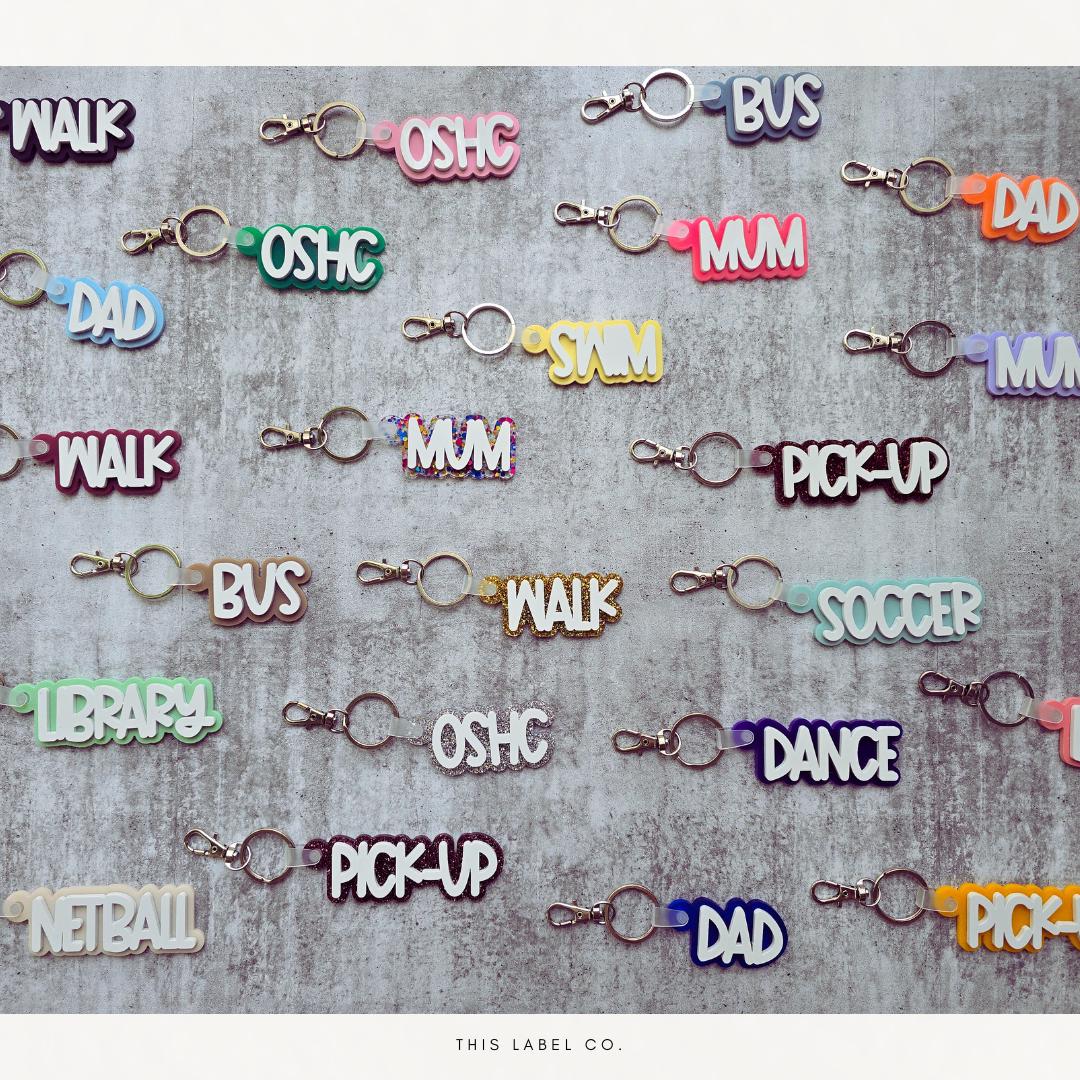 School Pick-up Reminder Acrylic Bag Tags | Double Layer Acrylic Keyring/Bag Tag | Kids Bag Tag | Acrylic Bag Tag |