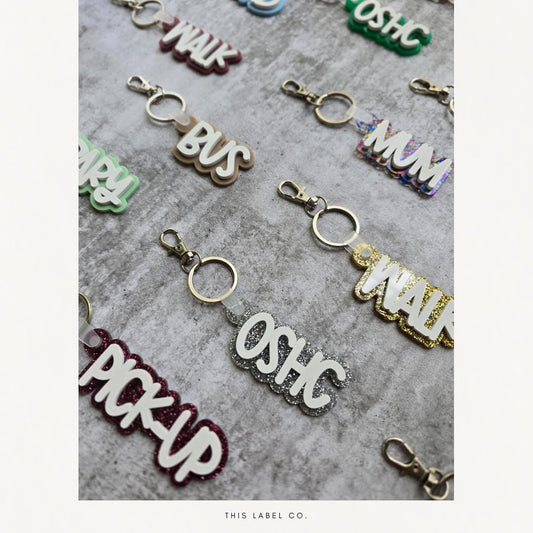 School Pick-up Reminder Acrylic Bag Tags | Double Layer Acrylic Keyring/Bag Tag | Kids Bag Tag | Acrylic Bag Tag |